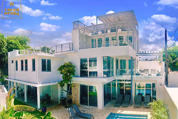 beautiful white mansion with private pool